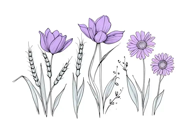 Nergis (Narcissus) - Tulip (Tulip) - Violet (Violet) - Gelincik (Poppy) - Daisy (Daisy) - Wheat and barley (W tattoo design idea