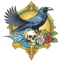 raven flying with a skull with mushrooms and roses bottom border with blue stained glass background tattoo design idea