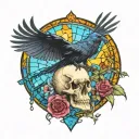 raven flying with a skull with mushrooms and roses bottom border with blue stained glass background tattoo design idea