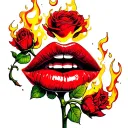 rose stem  in mouth of red lips with fire all around picture  tattoo design idea