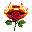 rose stem  in mouth of red lips with fire all around picture  tattoo design idea