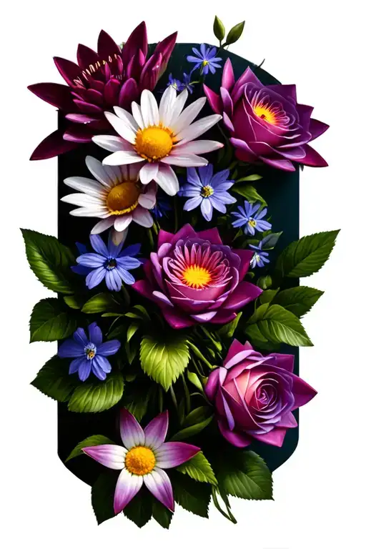Flower Bouquet using waterlily, larkspur, daisy, violet, rose tattoo design idea