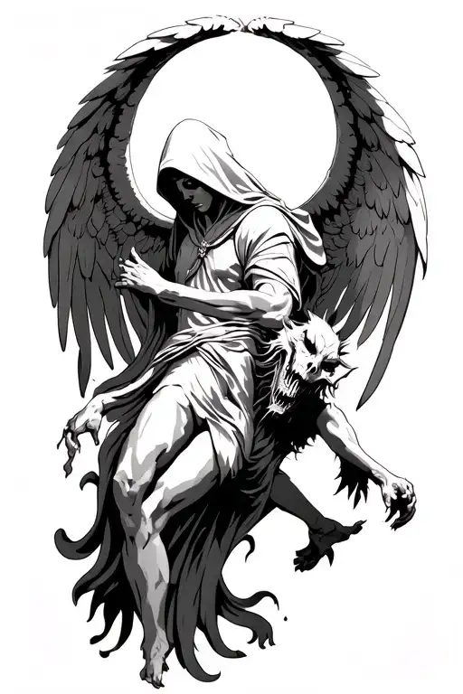 hooded arch angel defeating a demon tattoo design idea