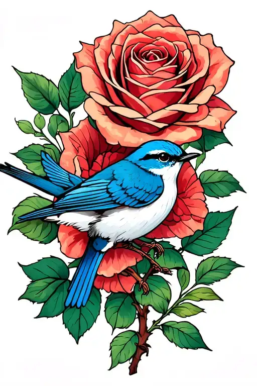 blue wren flying around a rose stem tattoo design idea