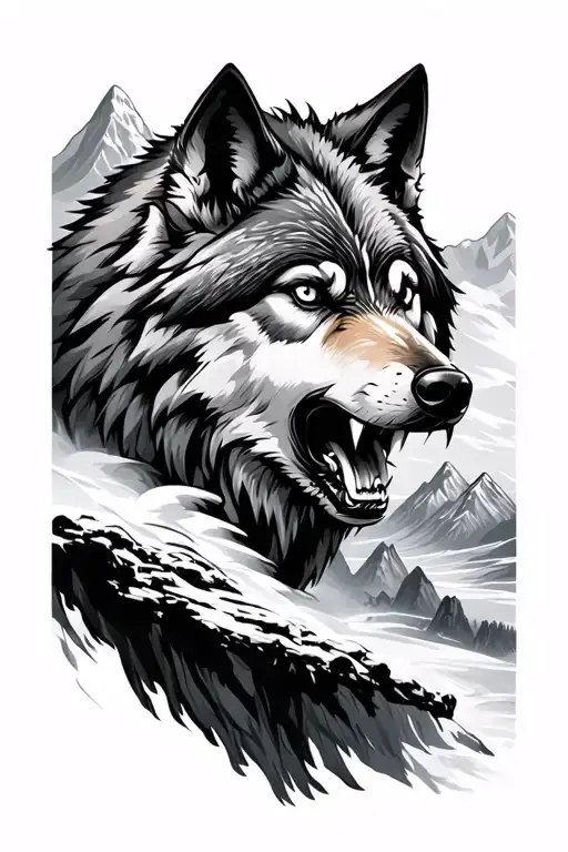 Growling Wolf And Mountains tattoo design idea