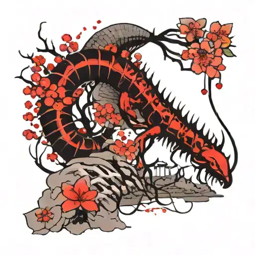 Centipede with a Japense village of cherry blossom trees hidden tattoo design idea