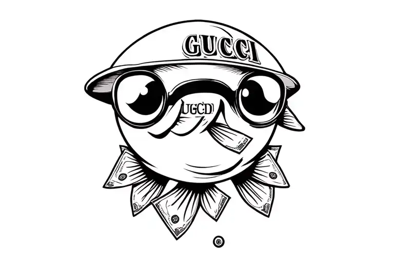 Cool Gucci Smelling fish that Hunts down Gucci Underwater dressed in gucci with money hanging out of cartoon style happy tattoo design idea