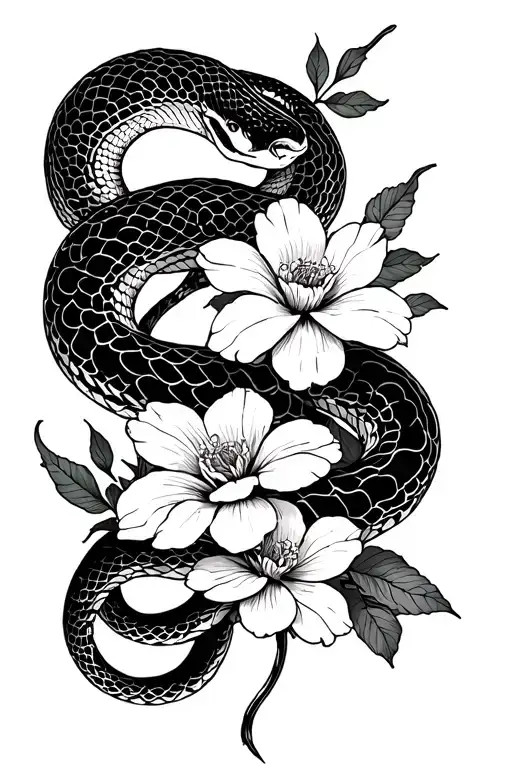 A snake and some Japanese flowers closing the arm half sleeve tattoo design idea
