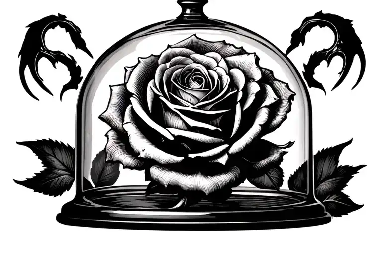 beauty and the beast rose in cloche with beast claw marks across the glass of the cloche tattoo design idea