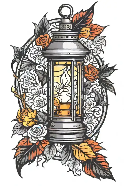 Lantern red orange yellow black gray and white leaf tattoo design idea