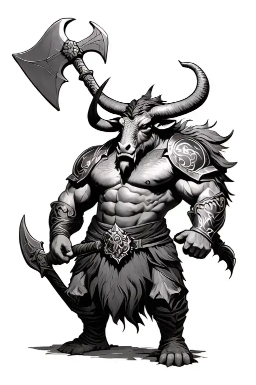 Muscular minotaur with large ax, ornate partial armor, decorated belt, Benben Tattoo style tattoo design idea