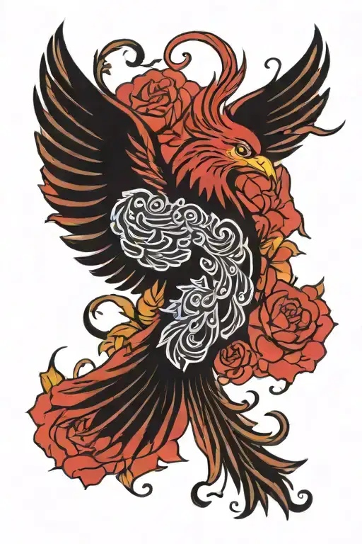 red and black peaceful flying Phoenix with spread wings and flowers tattoo design idea