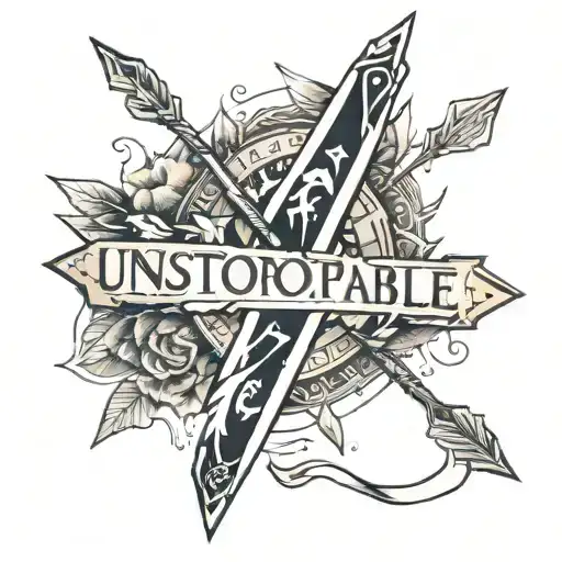 arrow with "unstoppable" written under it in japanese tattoo design idea