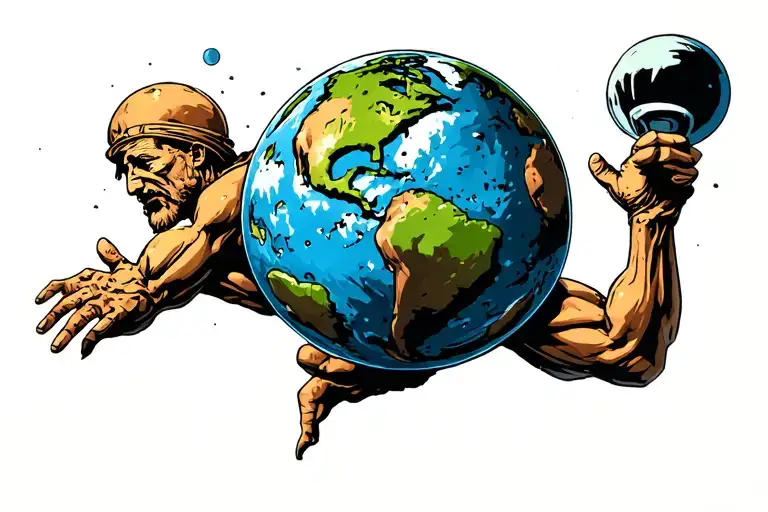 crumbling statue of atlas holding the world in cartoon nuclear war. pose like sisyphus tattoo design idea