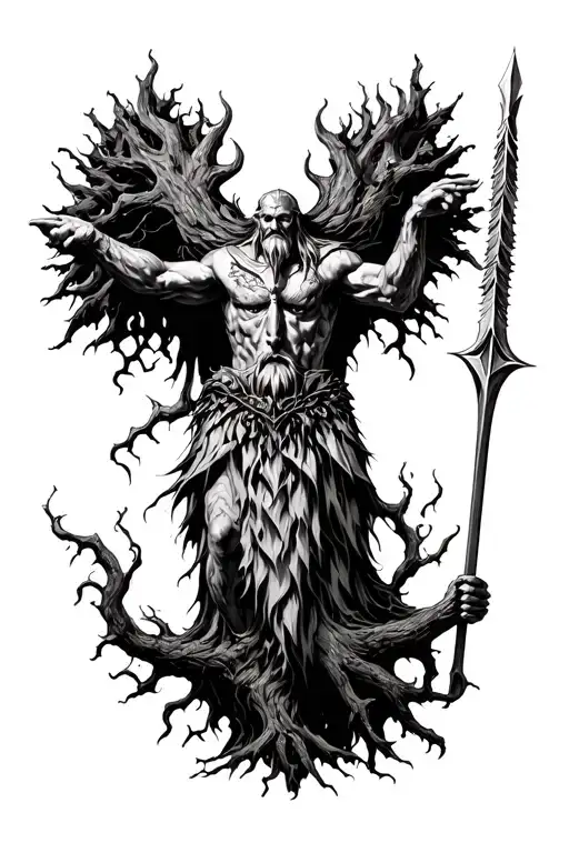 Odin hanging from Yggdrasil pierced in the chest by a spear tattoo design idea