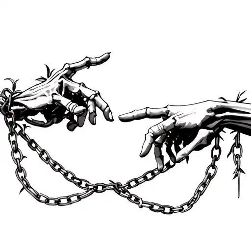 creation of Adam, one human hand, one skeleton pointing to eachother, chest tattoo, chains or thorny vines connecting tattoo design idea