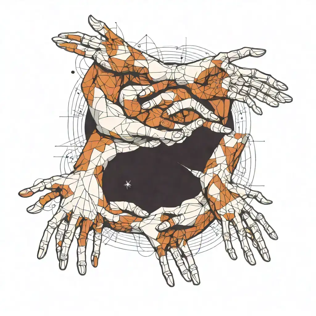 Design a detailed hand tattoo inspired by Michelangelo's 'Creation of Adam.' The tattoo features two hands reaching toward each other, with one hand being skeletal and the other a realistic human hand. The composition includes geometric elements such as lines and dots that intersect the hands, creating a modern, abstract feel. Circular shapes and radial lines emanate from the central point where the fingers almost touch, adding depth and dimension to the design. The overall style is a blend of classic art and modern minimalism, using fine black ink lines with detailed shading. tattoo design idea