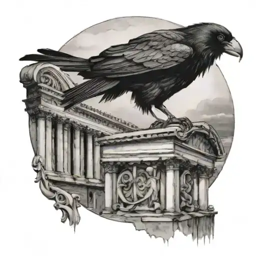 A crow perched on Roman architecture with titties hidden in the background tattoo design idea
