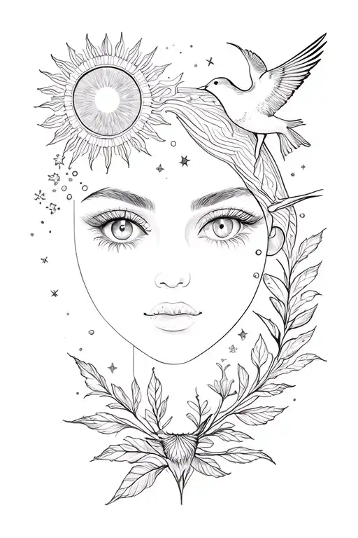 Tattoo with joyosotis, eyelets, elegant foliage, a swallows, stars, a sparkling sun tattoo design idea
