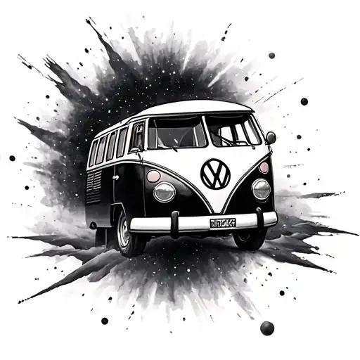 black and white VW bus flying through galaxy tattoo design idea