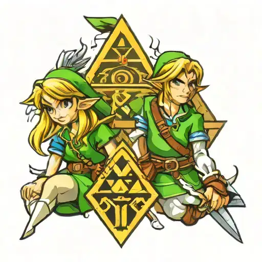 link and zelda holding triforce tattoo design idea