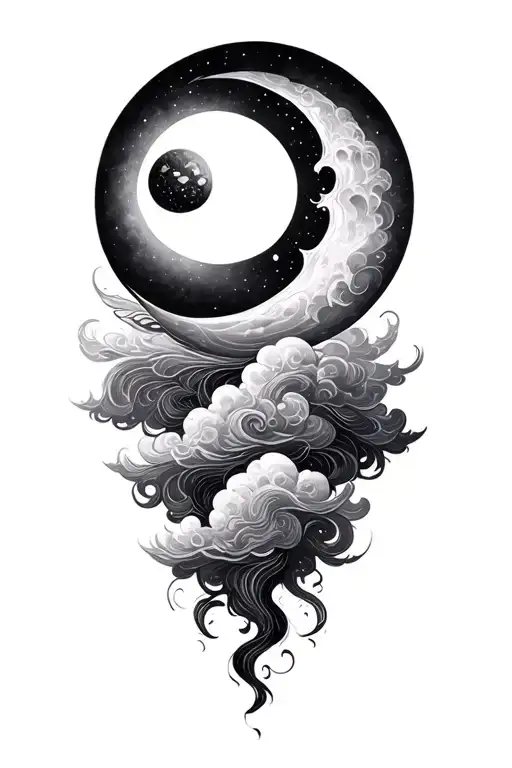 psychadelic clouds fantasy smiling moon tattoo design idea