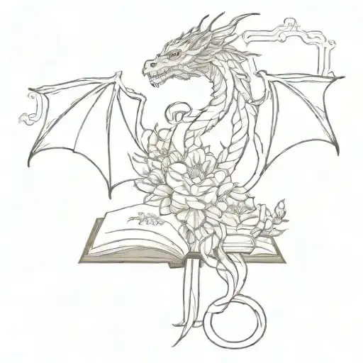 fantasy book open with flowers growing dragon  tattoo design idea