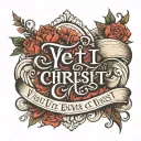 Create a tattoo in cursive that reads "yet not I, but through Christ in me" with a small Ichthys tattoo design idea