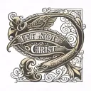 Create a tattoo in cursive that reads "yet not I, but through Christ in me" with a small Ichthys tattoo design idea