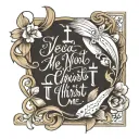 Create a tattoo in cursive that reads "yet not I, but through Christ in me" with a small Ichthys tattoo design idea