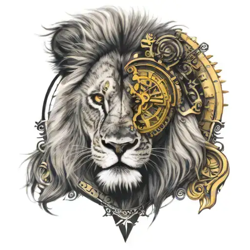 Yellow eye lion design combined with compass and clock cross tattoo design idea