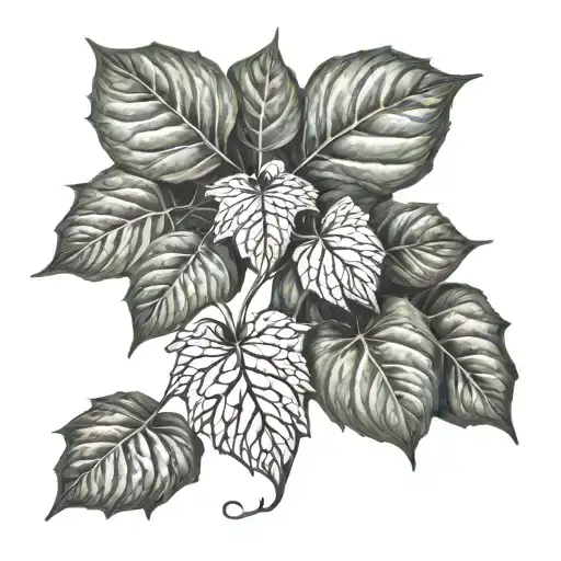 generate a tattoo of an english ivy with leaves of different sizes all over the arm until the shoulder tattoo design idea