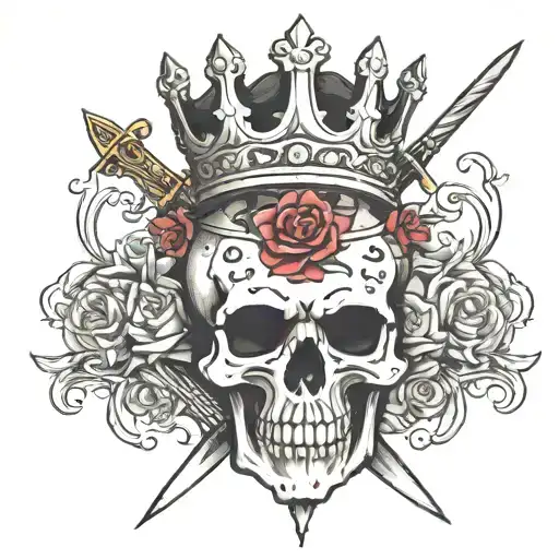 skull wearing a crown, holding a sword in left hand standing, look down at women tattoo design idea