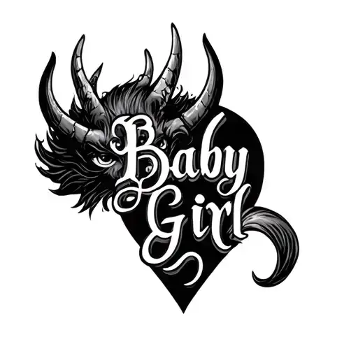 Baby girl lettering with devil cock at the end and devil horns at the beginning of holy glow about the i tattoo design idea