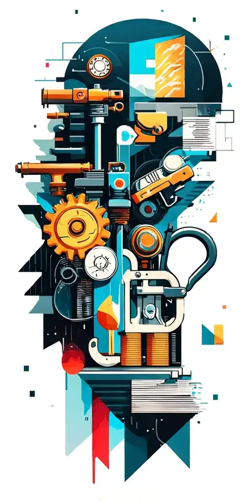 collage narrative of elements of science,  harley motorcycle, bike parts, gears, guns, geometric, funny scene, tattoo design idea