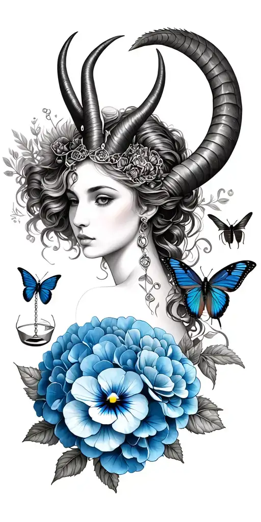 Capricorn woman with horns, Libra scales, pansy flower, butterfly, dragon fly, beetle, blue hydrangeas tattoo design idea