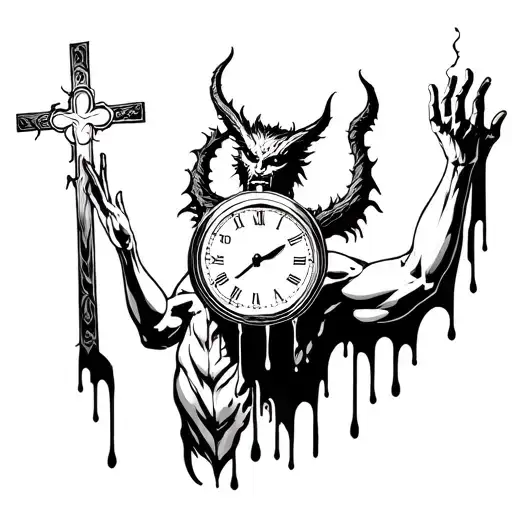 demon holding clock melting in right hand extended above head while looking at a cross in his left hand tattoo design idea