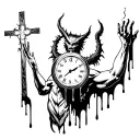 demon holding clock melting in right hand extended above head while looking at a cross in his left hand tattoo design idea