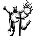 demon holding clock melting in right hand extended above head while looking at a cross in his left hand tattoo design idea