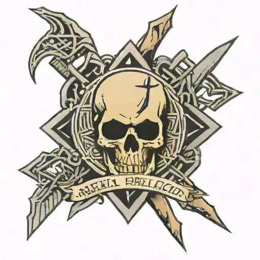 Text "METAL IS RELIGION" with a skull runic symbol, pagans with pentagram and valknut symbol tattoo design idea