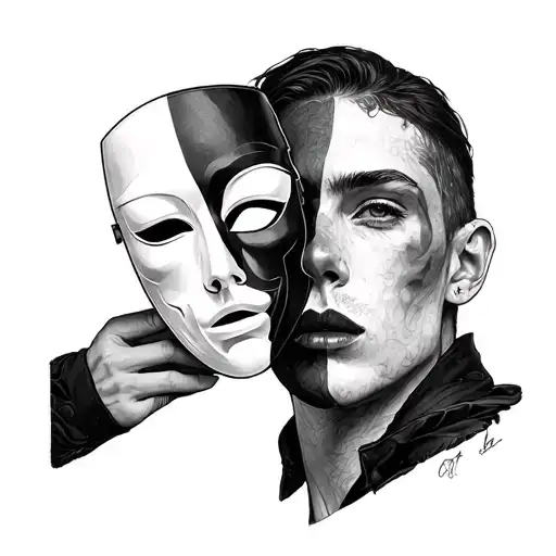 conceptual tattoo of a person holding a mask that shows the opposite emotion of their real face, abstract fine line blac tattoo design idea