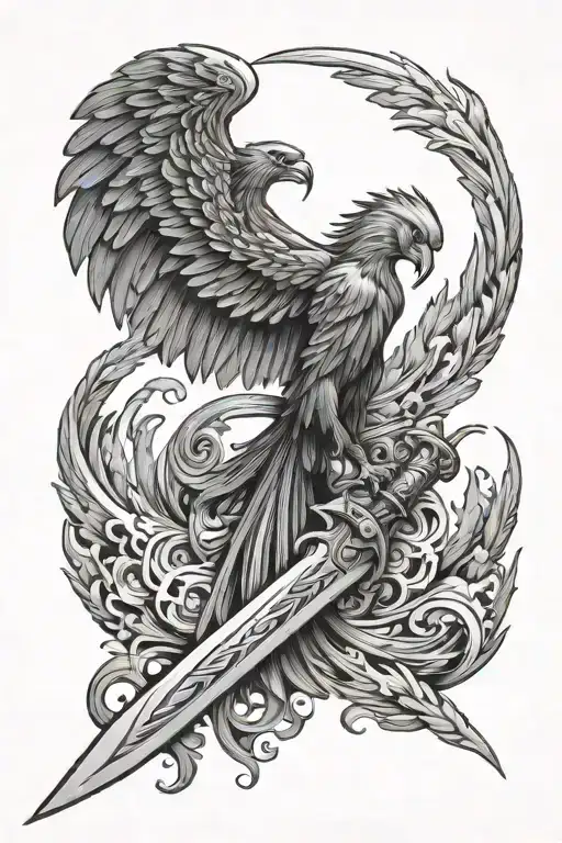 phoenix with a sword and blue fire tattoo design idea