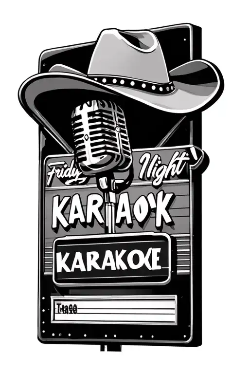 Vegas style marquee sign says "Friday night Karaoke" cowboy hat hanging on corner & microphone on sign tattoo design idea