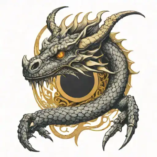 ouroboros dragon loop with a shiny golden brain inside his head and shadows tattoo design idea