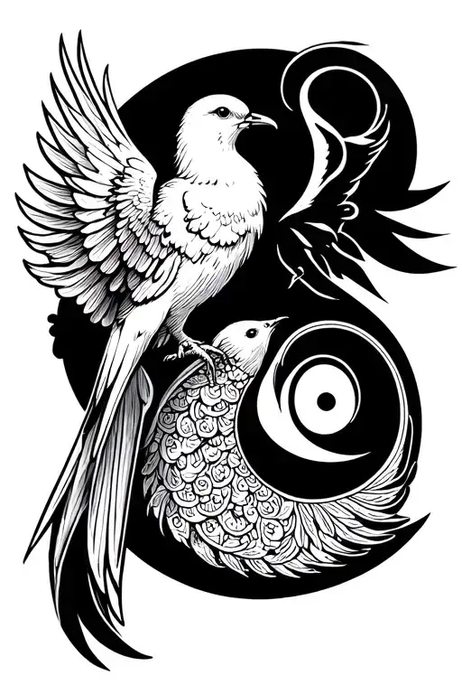 2 outlined Doves facing eachother one on left and one on right and Pisces zodiac sign on the right. 3 separate tattoos tattoo design idea