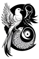 2 outlined Doves facing eachother one on left and one on right and Pisces zodiac sign on the right. 3 separate tattoos tattoo design idea