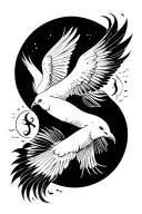 2 outlined Doves facing eachother one on left and one on right and Pisces zodiac sign on the right. 3 separate tattoos tattoo design idea