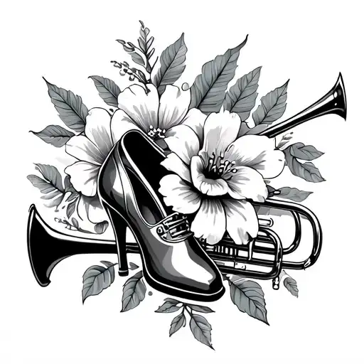 incorporate a flower, a dancing shoe, a trombone instrument. tattoo design idea