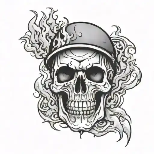 skull wearing top hot with flames  tattoo design idea