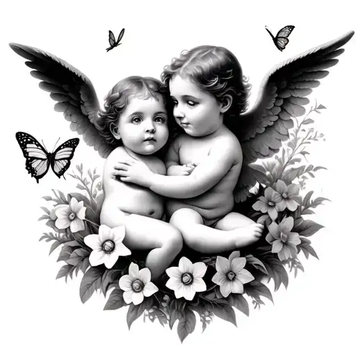 baby cherub angels with daffodils, surrounded butterflies fluttering tattoo design idea